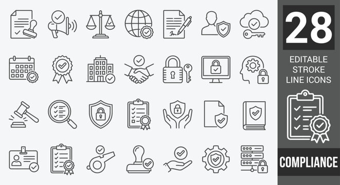 Compliance line icon set featuring AI ethics, regulatory standards, and data privacy symbols. Ideal for corporate governance, legal reports, and web design. Fully editable