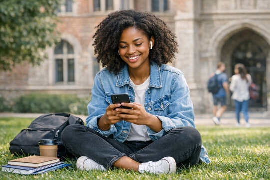 A cheerful young woman sitting on a grassy lawn at college. She is smiling and looking at her phone while wearing casual attire. In the background, there are other students walking around campus with