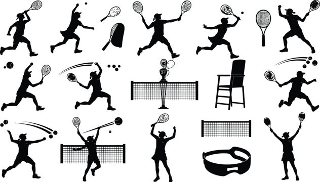 Tennis players and sports equipment silhouettes are displayed in a diverse collection of vector graphics.