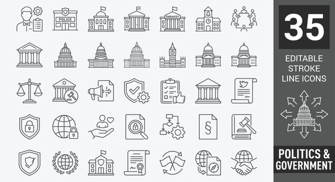 politics and government line icon set featuring democracy, election, and public policy symbols. Ideal for news apps, civic websites, and UI design. Fully editable.