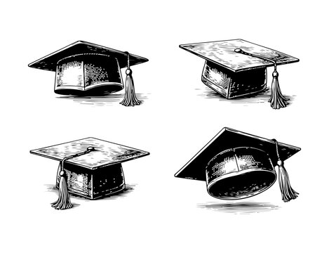 Simple hand drawn graduation cap sketch set, engraved education illustration clip art.