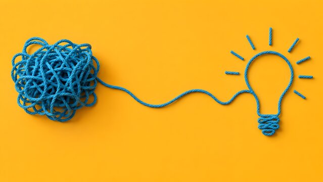 Messy blue cord forming a lightbulb on yellow background depicting simplification of complex problems and innovative thinking
