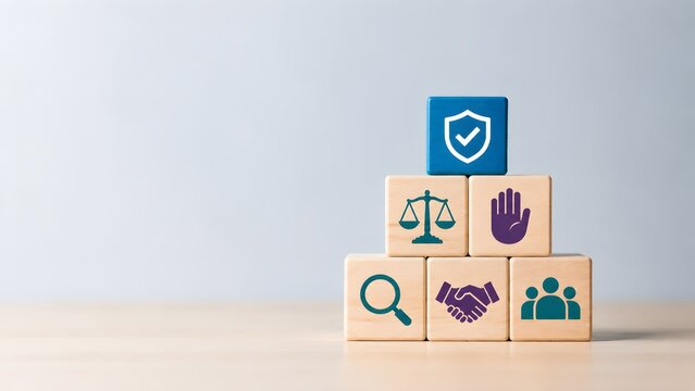 Stack of wooden blocks with corporate governance icons showing shield justice scale handshake and team for business ethics and compliance