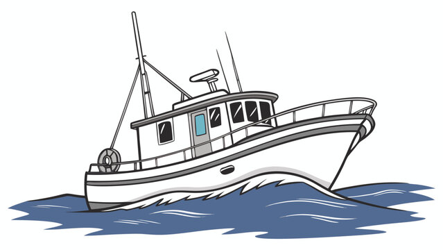 Vector illustration of a sturdy commercial fishing trawler boat navigating through blue ocean waves