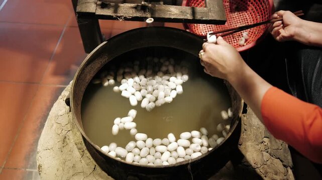Silk worker boiling silkworm cocoons for thread extraction in a traditional vietnam factory