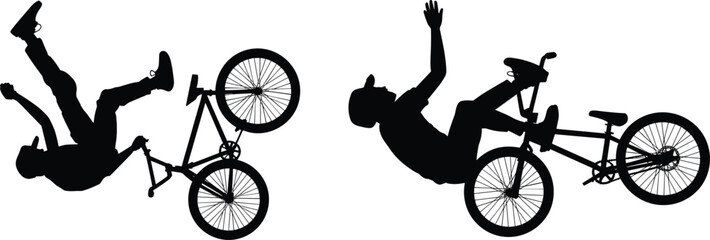 Naklejka premium Extreme BMX stunt silhouettes, freestyle bicycle trick riders vector illustration collection for action sports design