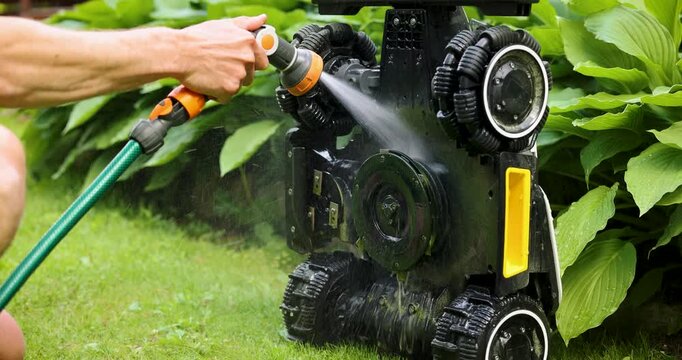 Cleaning robotic lawn mower. Washing with water from garden hose