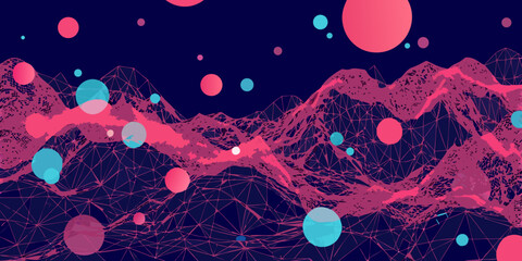 polygonal mountains with glowing orbs geometric landscape © Lelin