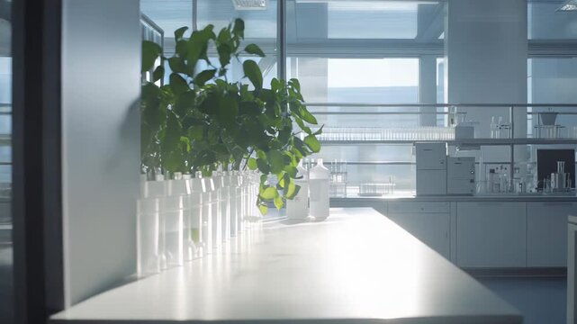 Modern laboratory interior with young green plants growing in test tubes on a polished bench amid high tech equipment and large windows, ideal for botanical research and development