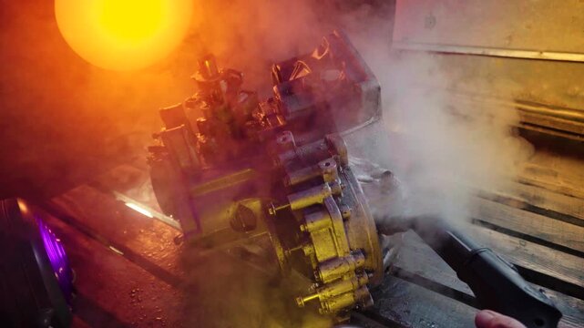 cleaning and washing with a steam cleaner of an old manual transmission from a front-wheel drive car for repair evening video shooting with red and purple lighting