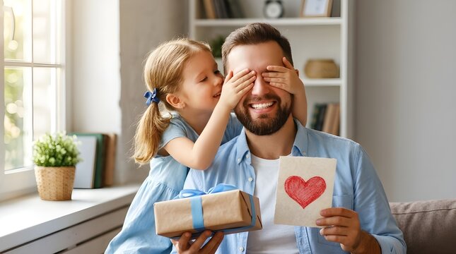 Father's day. Happy family daughter hugging dad and laughs
