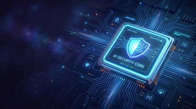 Cyber security artificial intelligence concept with glowing microchip showing shield icon representing encryption and digital data protection