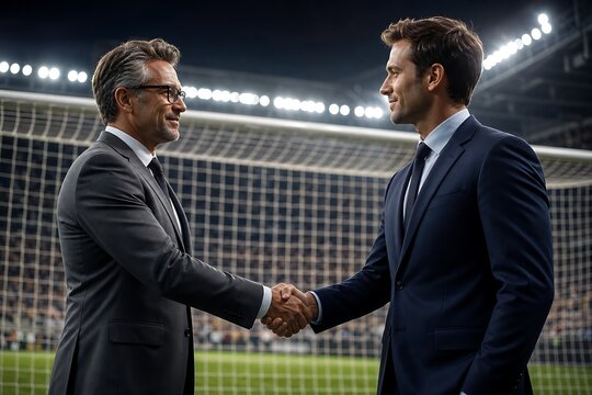 Two professional football managers shaking hands firmly in front of a stadium net at night, symbolizing corporate respect, transfer window contract deals, and fair-play sportsmanship.