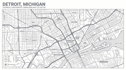 Detroit Michigan Urban Map Grid Vector - Downtown Area Detailed © Paidi