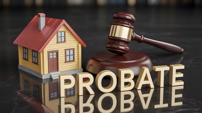 3d render of judge's gavel and house with probate text on black surface for legal concept