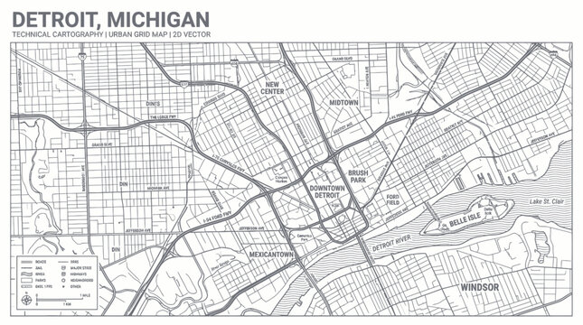Detroit Michigan Urban Map Grid Vector - Downtown Area Detailed
