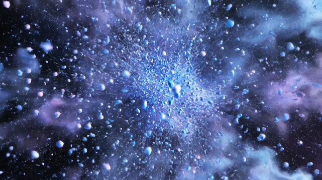 Abstract 3D particle sphere exploding into blue and purple fluid splashes, creating a dynamic nebula effect, ideal for science and tech visuals.
