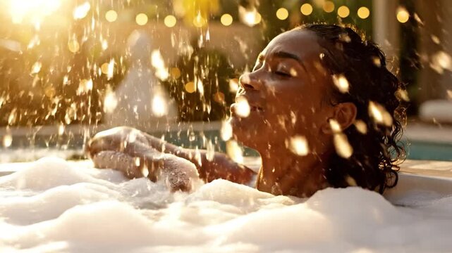 Young Black woman relaxing in a luxury outdoor bubble bath during sunset golden hour