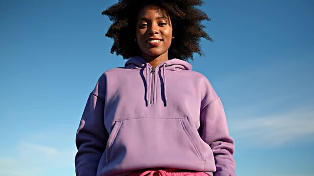 Young black woman wearing purple hoodie and pink sweatpants against a clear blue sky