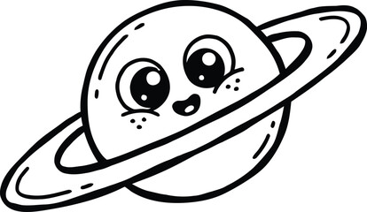 Cute cartoon planet with a smiling face and rings in black and white © Growup Pixel