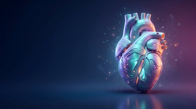 Futuristic medical technology concept featuring an artificial 3D human heart with glowing circuit veins and digital biomedical engineering