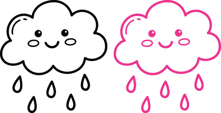 Cute cartoon smiling cloud characters with raindrops in black and pink