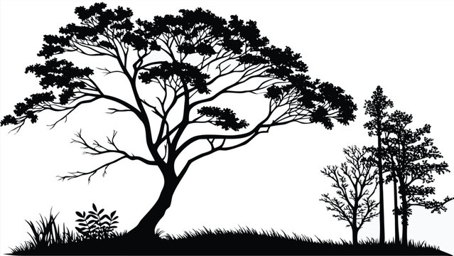Vector illustration of a large deciduous tree silhouette standing in a grassy field with small pine trees