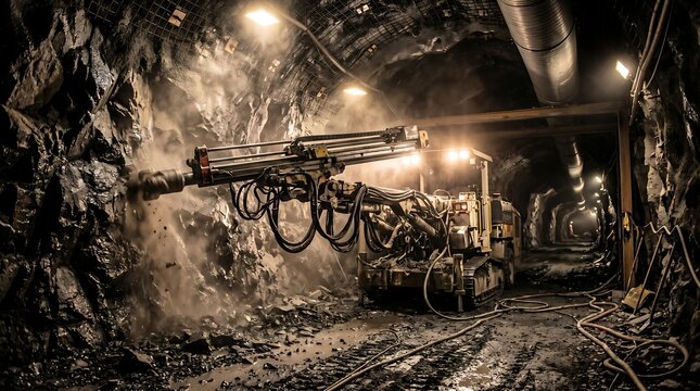 Mining drill rig machine in a dark underground mine tunnel