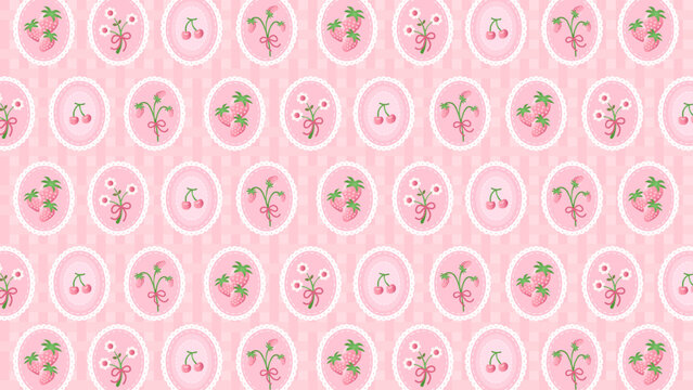 Vector Illustration with pink strawberries, pink cherry, and pink flower in scalloped frames with pink ribbons on a gingham pink background. Sweet coquette aesthetic design.