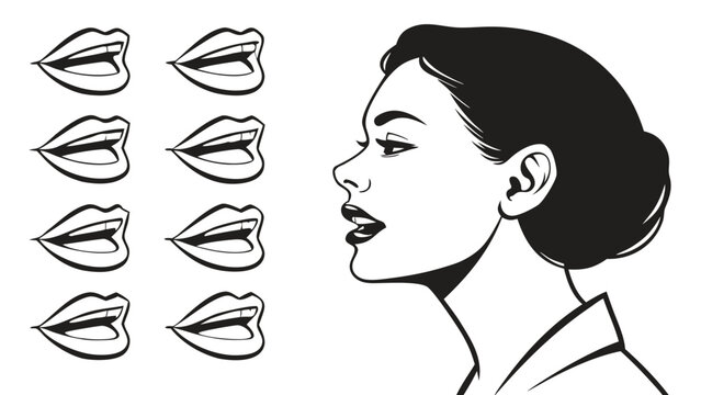 Vector illustration of a woman profile face looking at various mouth shapes depicting speech or phonetics