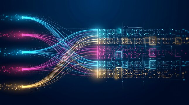 Big data network connection concept with glowing fiber optic lines merging into a digital matrix representing fast information processing