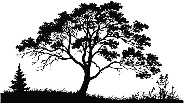 Vector illustration of a sprawling oak tree silhouette in a grassy field with a small evergreen sapling
