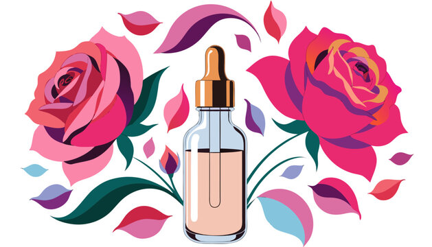 Very beautiful luxury skincare serum bottle surrounded by prominent vibrant blooming roses and richly colored rose petals, featuring elegant glass packaging, premium wellness aesthetics, feminine beau