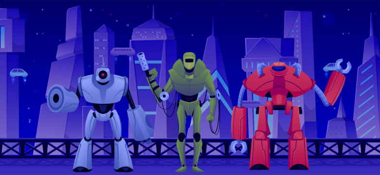 Futuristic smart cityscape with robot warriors, vector flat skyscrapers in downtown, sci-fi cyborg robotic game soldiers