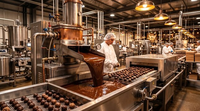 Chocolate factory production line with workers