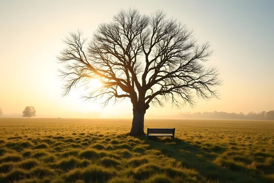 Trauer unter altem Baum mit leerer Bank im Morgenlicht