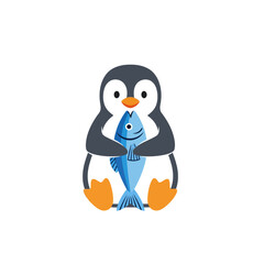 Fototapeta premium Grey and white penguin sitting on the floor, holding a large blue fish. Flat vector mascot design.