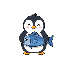 Obraz premium Penguin character standing upright and holding the blue fish horizontally. Flat vector mascot design.
