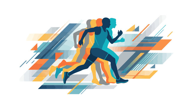 Runners in motion, abstract geometric background, sport and fitness concept