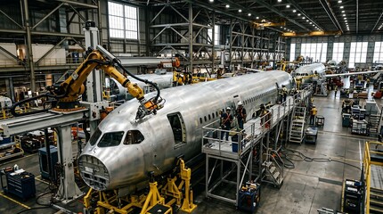 Naklejka premium Airplane being assembled in a large hangar