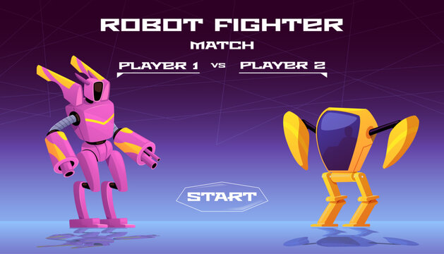 Robot fighter match, computer game warriors players competition, vector cartoon battle transformer robot armed laser gun