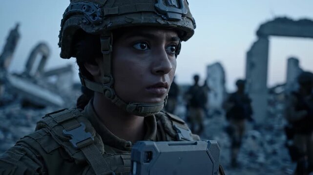 Female soldier in tactical gear holds a tablet while surveying a war-torn landscape with fellow soldiers visible in the background amidst rubble and debris
