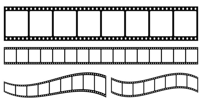 Film strip with blank black cinema tape collection. Movie, cinema reel, filmstrip, frames, photo, videos, camera, old, white and black film tapes, roll with border design set. Editable vector illustra