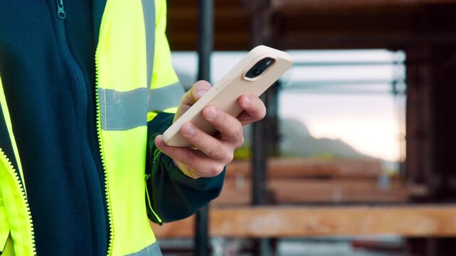 Architect, online and hand with phone at construction site, research and communication with contact. Civil engineer, outdoor and person with mobile for chat, typing and plan for property development