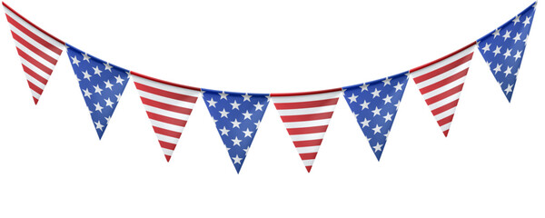 Fototapeta premium Realistic USA flag bunting with red, white, and blue stripes forms a seamless patriotic border ideal for American Independence Day designs and memorial occasions.
