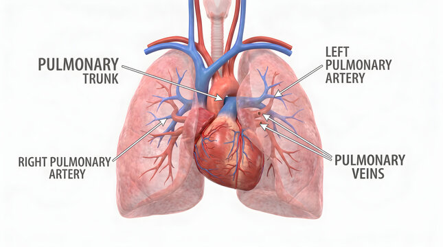 Human anatomy illustration showing the circulatory system and lungs with labels for pulmonary artery and veins