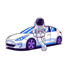 Astronaut now leaning casually against the side of the white electric car. Flat vector mascot design © brkh