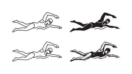 Fototapeta premium Four styles of female swimmer illustration doing the crawl stroke: line art, silhouette, detailed line, and rough sketch