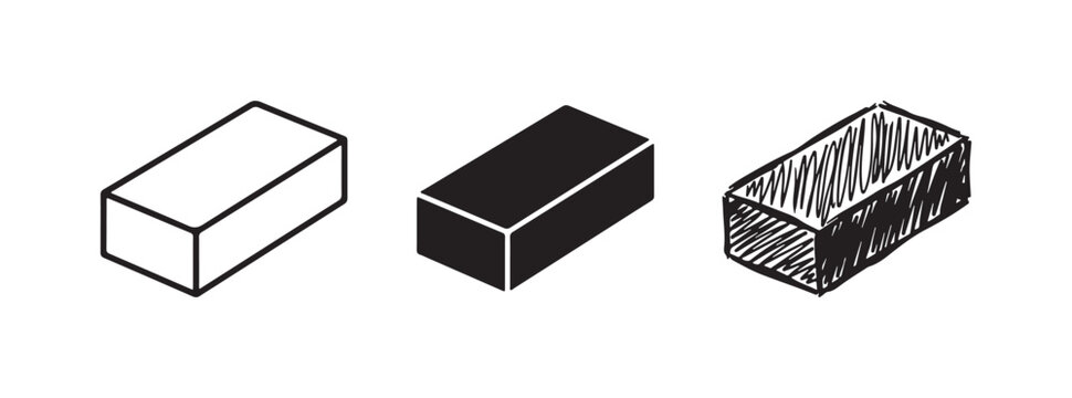 Three Isometric Rectangular Prisms Icons in Outline, Solid Black, and Hand-Drawn Sketchy Styles, on White Background