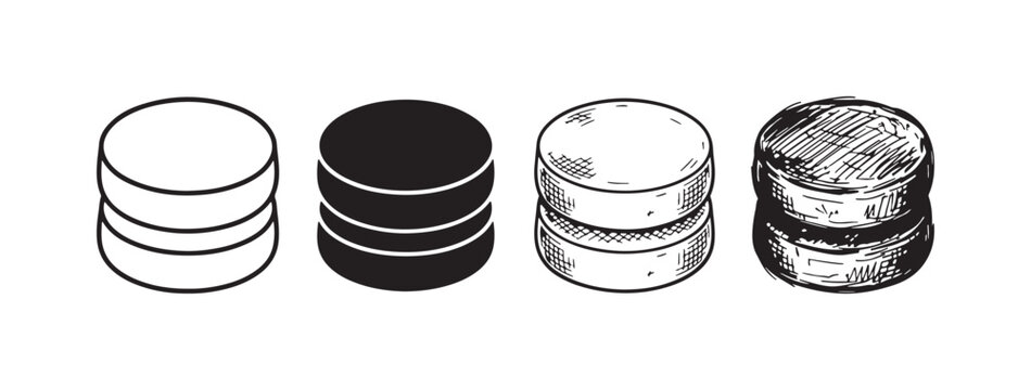 Four styles of stacked circular objects illustration: line art, silhouette, etching, and rough sketch of a three-tier stack